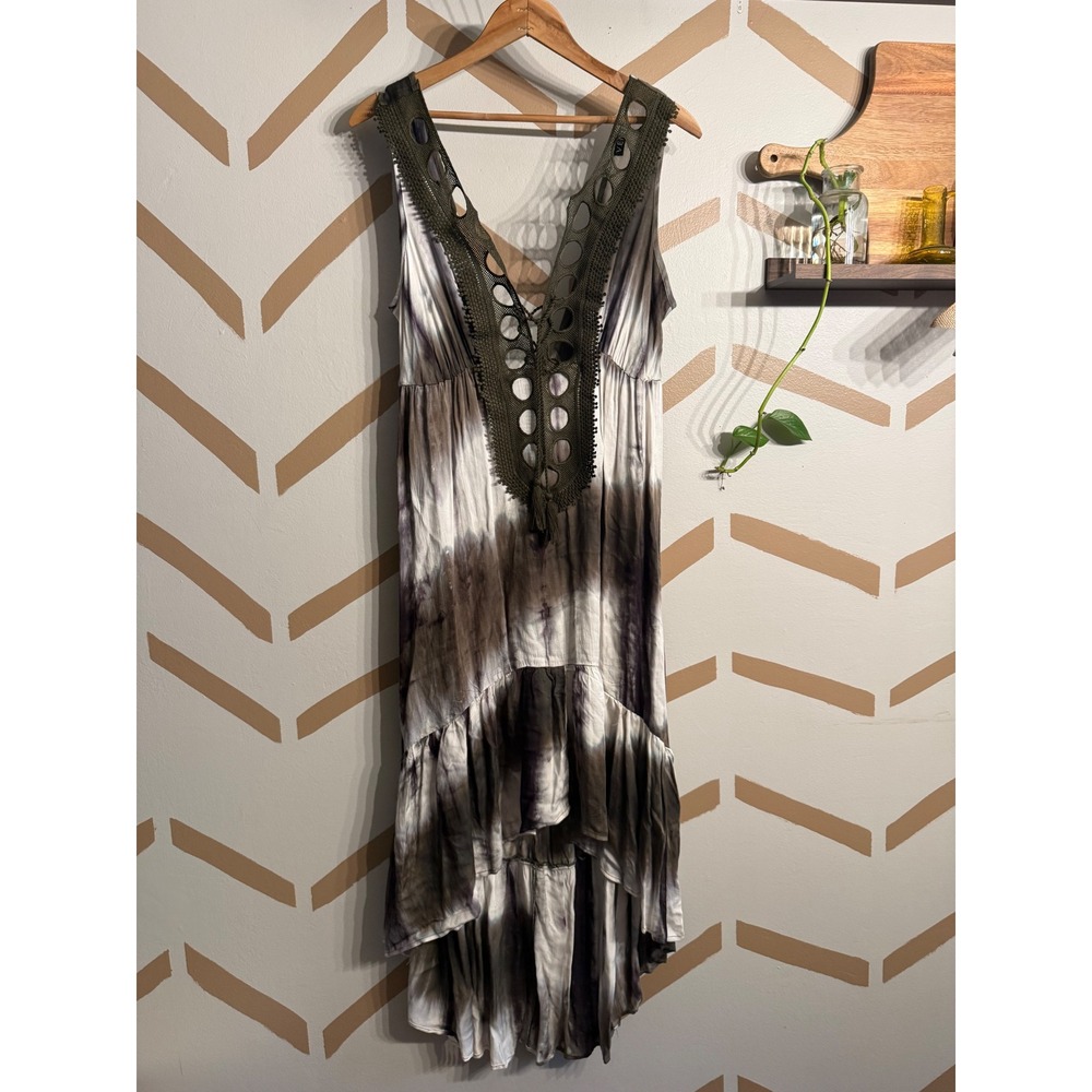 Venus High Low Dress Women Small Green White Tie Dye Crochet V-Neck Sleeveless